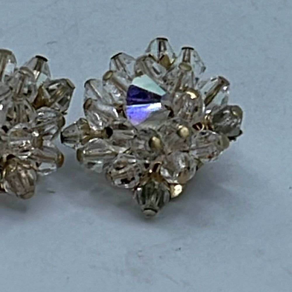 Vintage Aurora Borealis bi-cone starburst Midcentury glam clip earrings. - Picture 2 of 5